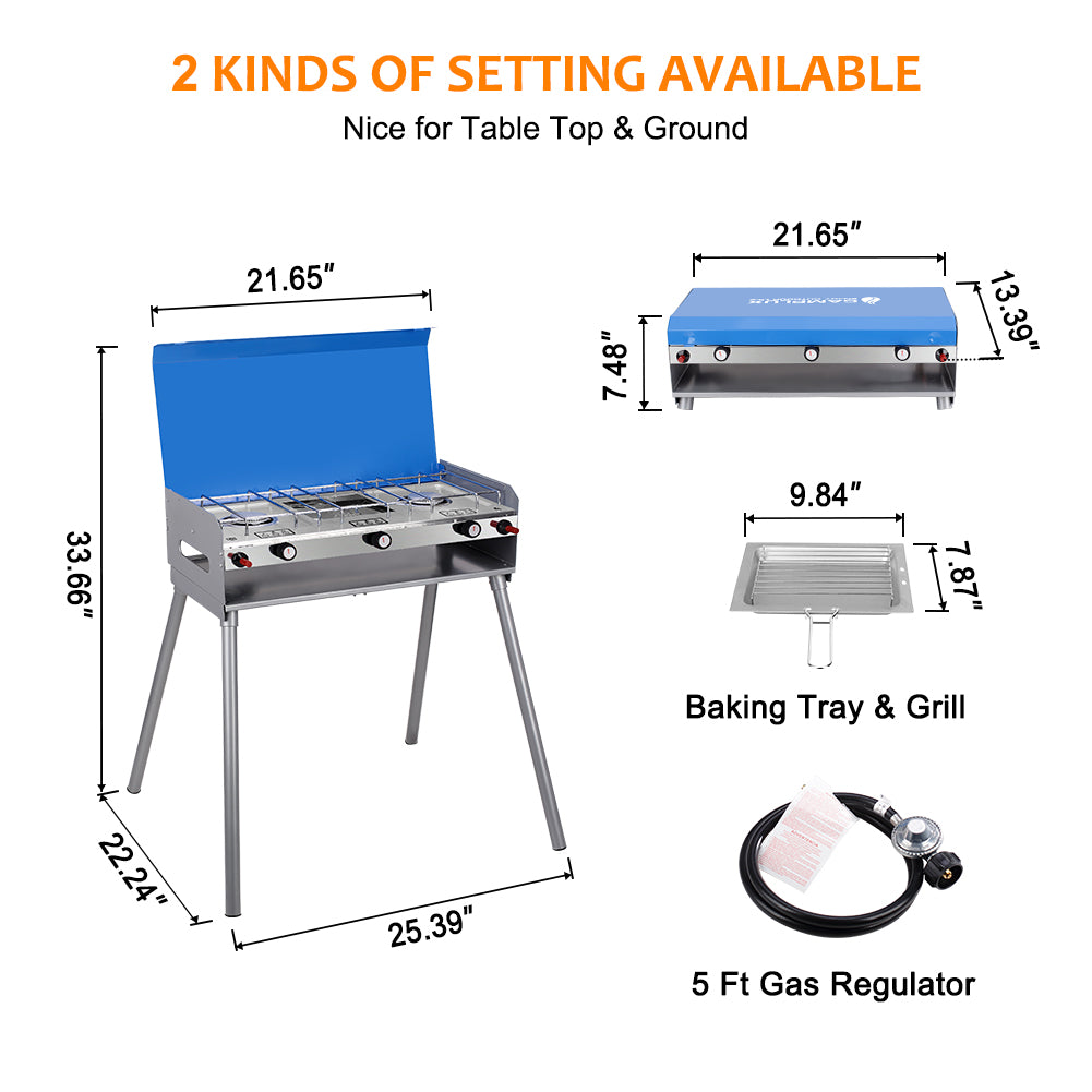 Camplux Propane Camping Stove 2 Burner & 1 Grill, Portable Outdoor Gas Stove with Regulator, Auto-Ignition