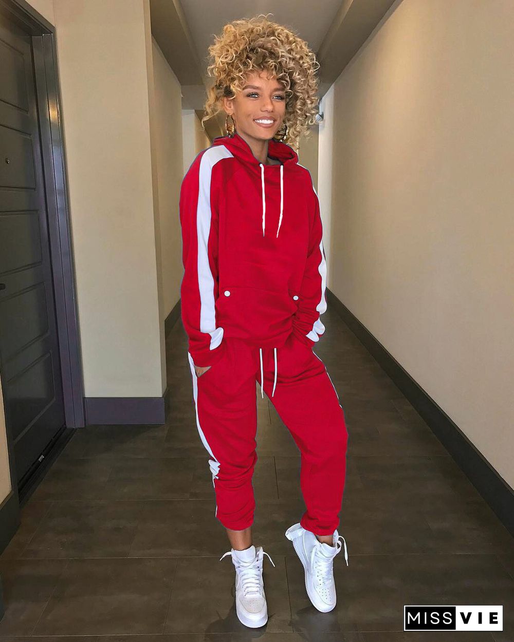 Women Side Stripe Hoodie Sweatshirt Top Pants Sports Jogging Suit