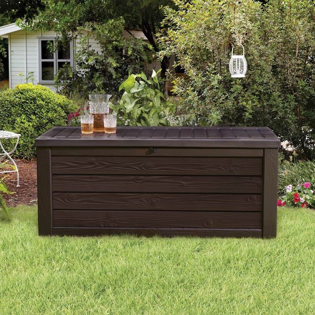 Keter Westwood Outdoor Resin 150 Gallon Deck Storage Box Organizer For Patio Furniture Pool Toys And Yard Tools With Bench Brown 2 Pack