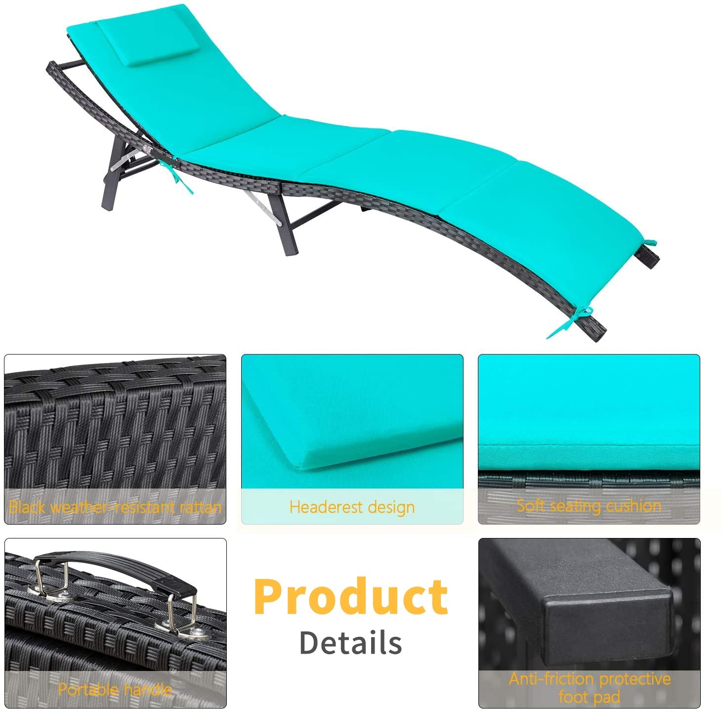 Lacoo 3 Pieces Patio Furniture Outdoor Patio Lounge Chair Adjustable Folding Lawn Poolside Chaise Lounge Chair PE Rattan Patio Seating with Folding Table and Blue Cushion