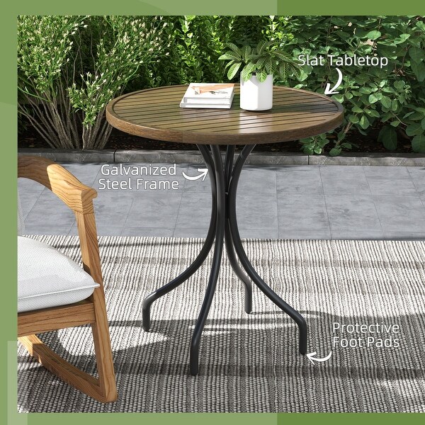 Outdoor Side Table，Patio Round Coffee Table with Steel Frame and Slat Tabletop