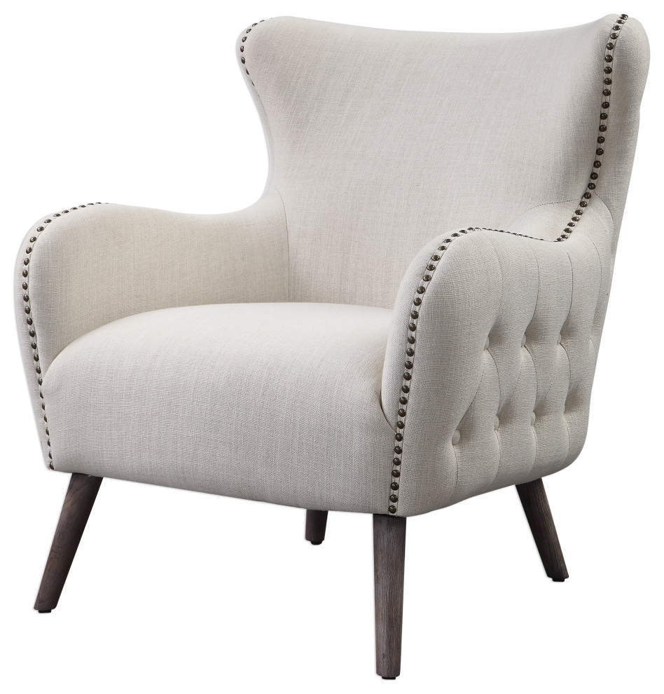 Sculpted Wide Cream Wing Back Lounge Chair Arm Button Tufted Contemporary Modern   Midcentury   Armchairs And Accent Chairs   by My Swanky Home  Houzz