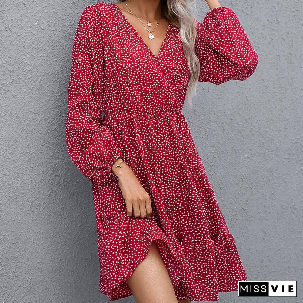 Elegant Love Print Dress Women Summer Dress Spring New V Neck Pullover Full Balloon Sleeve Casual Chic A-line Mini Dress