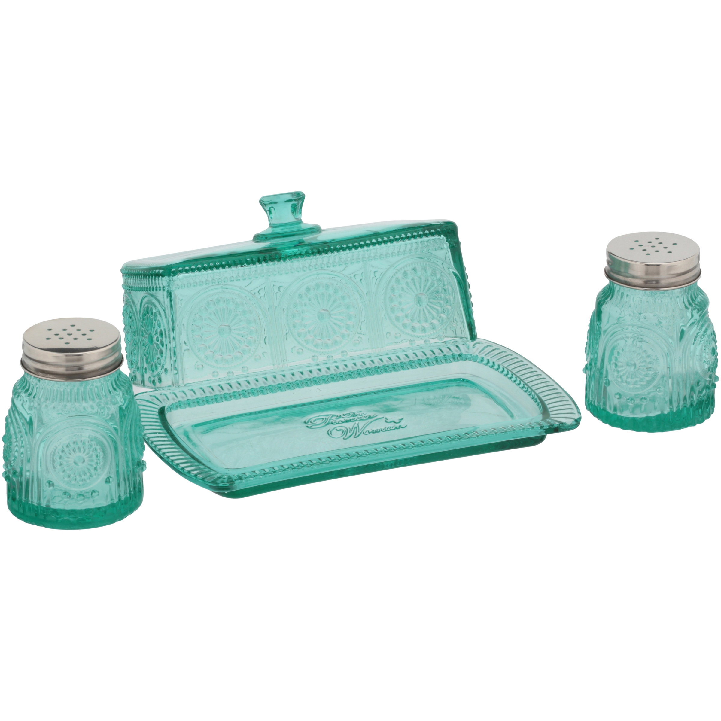 The Pioneer Woman Adeline Glass Butter Dish with Salt And Pepper Shaker Set