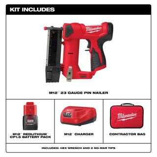 MW M12 12-Volt 23-Gauge Lithium-Ion Cordless Pin Nailer Kit with 1.5 Ah Battery Charger and Tool Bag 2540-21