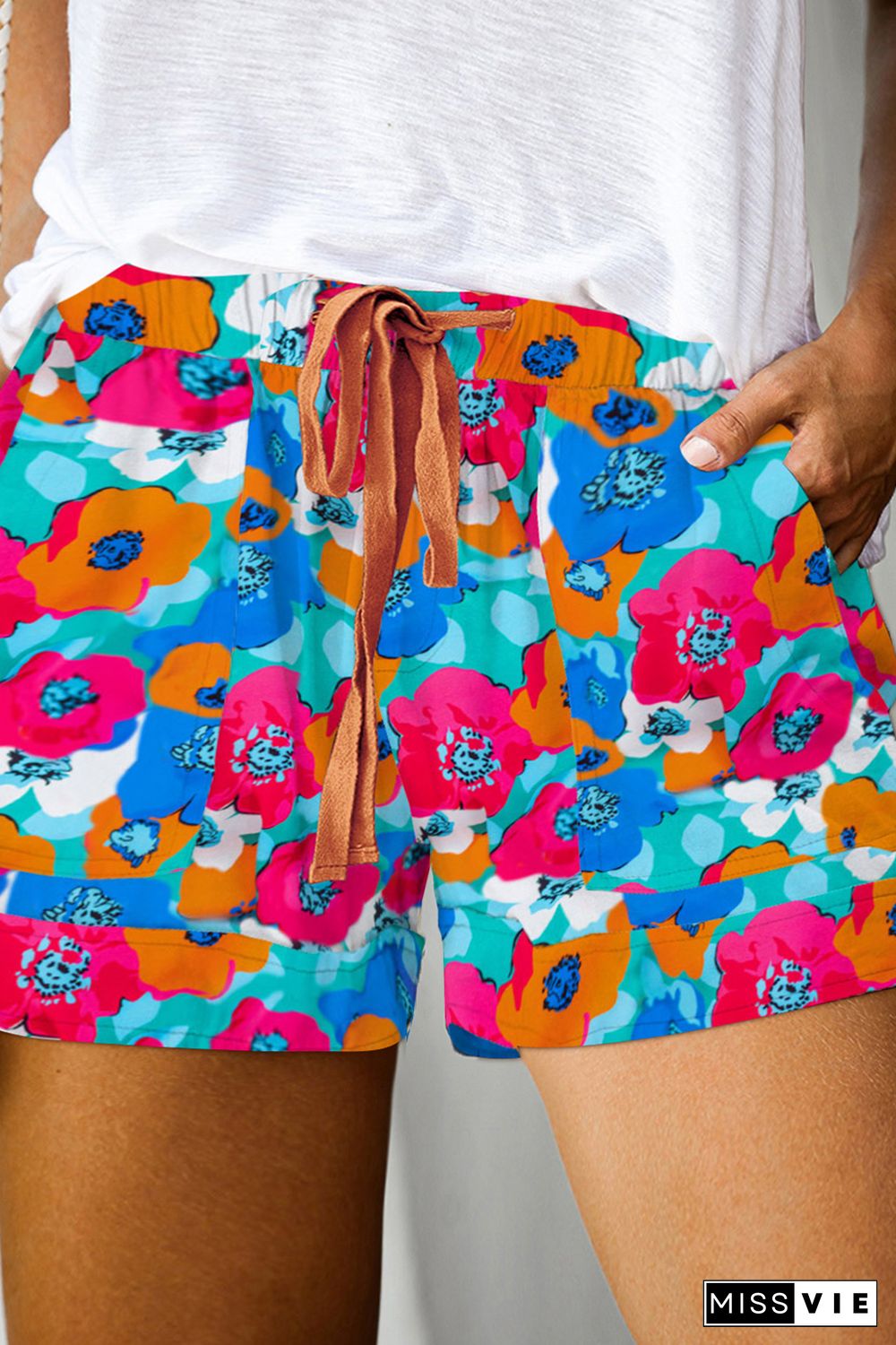 Multicolor Plus Size Abstract Floral Print Drawstring Shorts