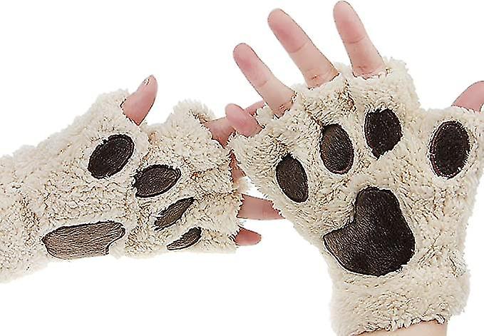 Women Girls Bear Faux Fur Soft Plush Cat Paw Claw Glove Fingerless Gloves Mitten Soft Winter Gloves Coral Fleece Mittens Beige1pair)