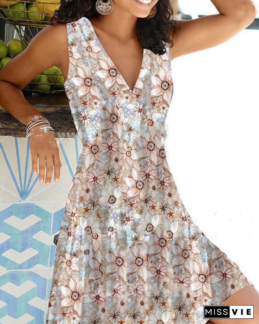 Multiflora V Neck Sleeveless Vacation Midi Dress