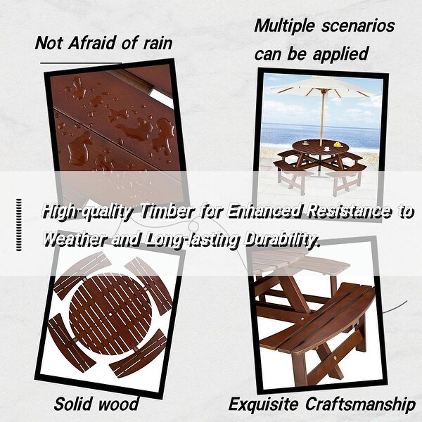 Outdoor round wooden picnic set with umbrella hole (6 persons/8 persons)