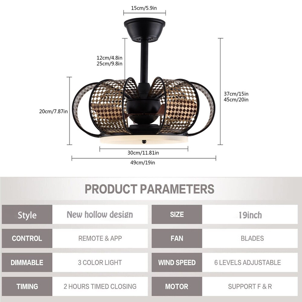 Retro 19'' Ceiling Fan Ceiling Mount Mesh Lampshade with Remote   19in