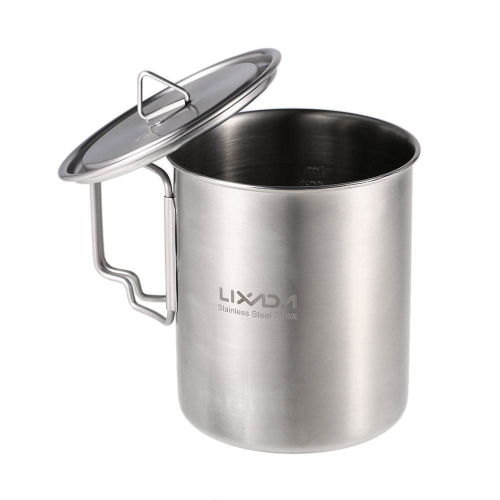 Lixada 750ml Cup Outdoor Stainless Steel Water Cup Mug with Foldable Handles and Lid for Camping Hiking Backpacking