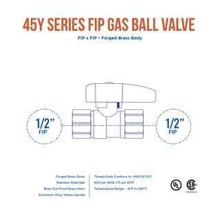 The Plumber's Choice 12 in. Brass FIP Gas Ball Valve with Yellow Aluminum Alloy Handle FIPY12