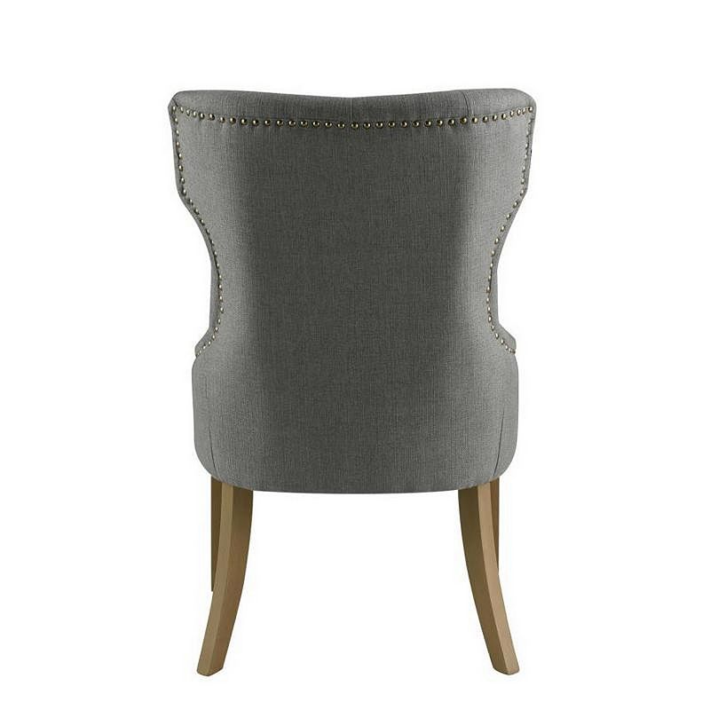 Polyester Upholstered Wooden Dining Chair with Button Tufted Wing Back， Gray and Brown