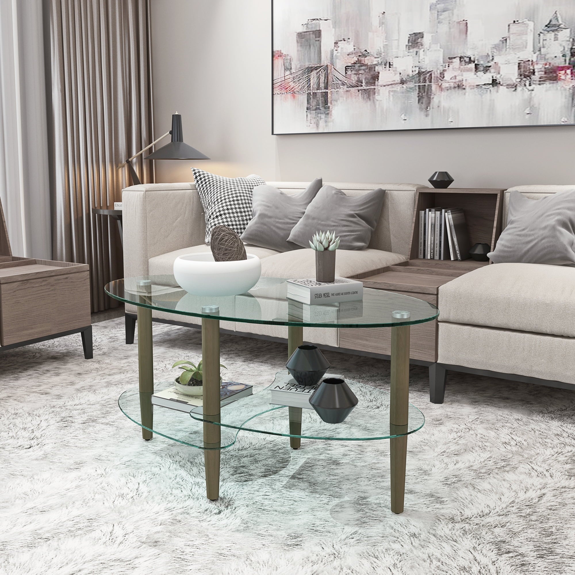 CoSoTower Transparent Oval Glass Coffee Table, Modern Table In Living Room Oak Wood Leg Tea Table 3-Layer Glass Table