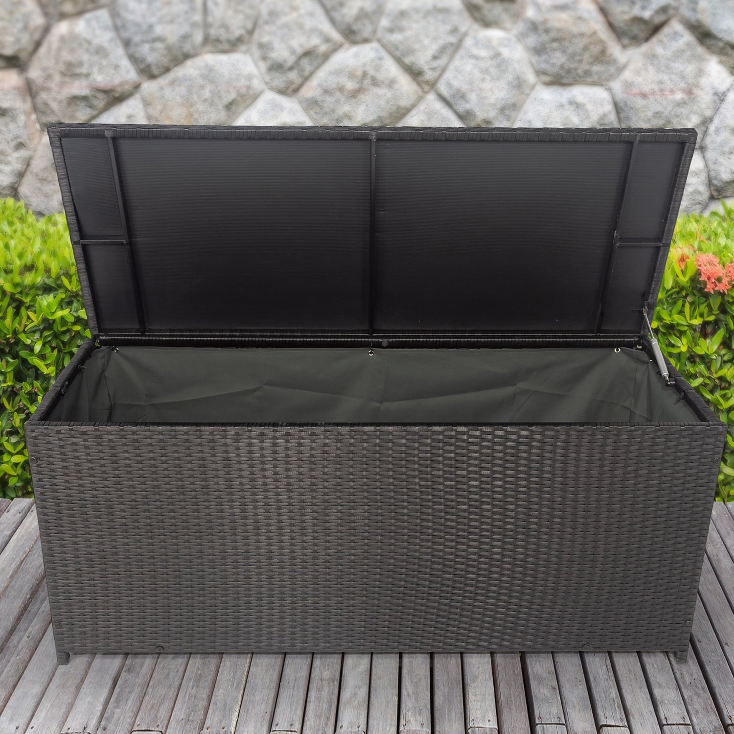 Seizeen Outdoor Storage Box 113 Gal, XL All-Weather Deck Box Waterproof with Inner Liner, Heavy-Duty Patio Furniture Storage, Black Rattan Outdoor Toy Tool Storage