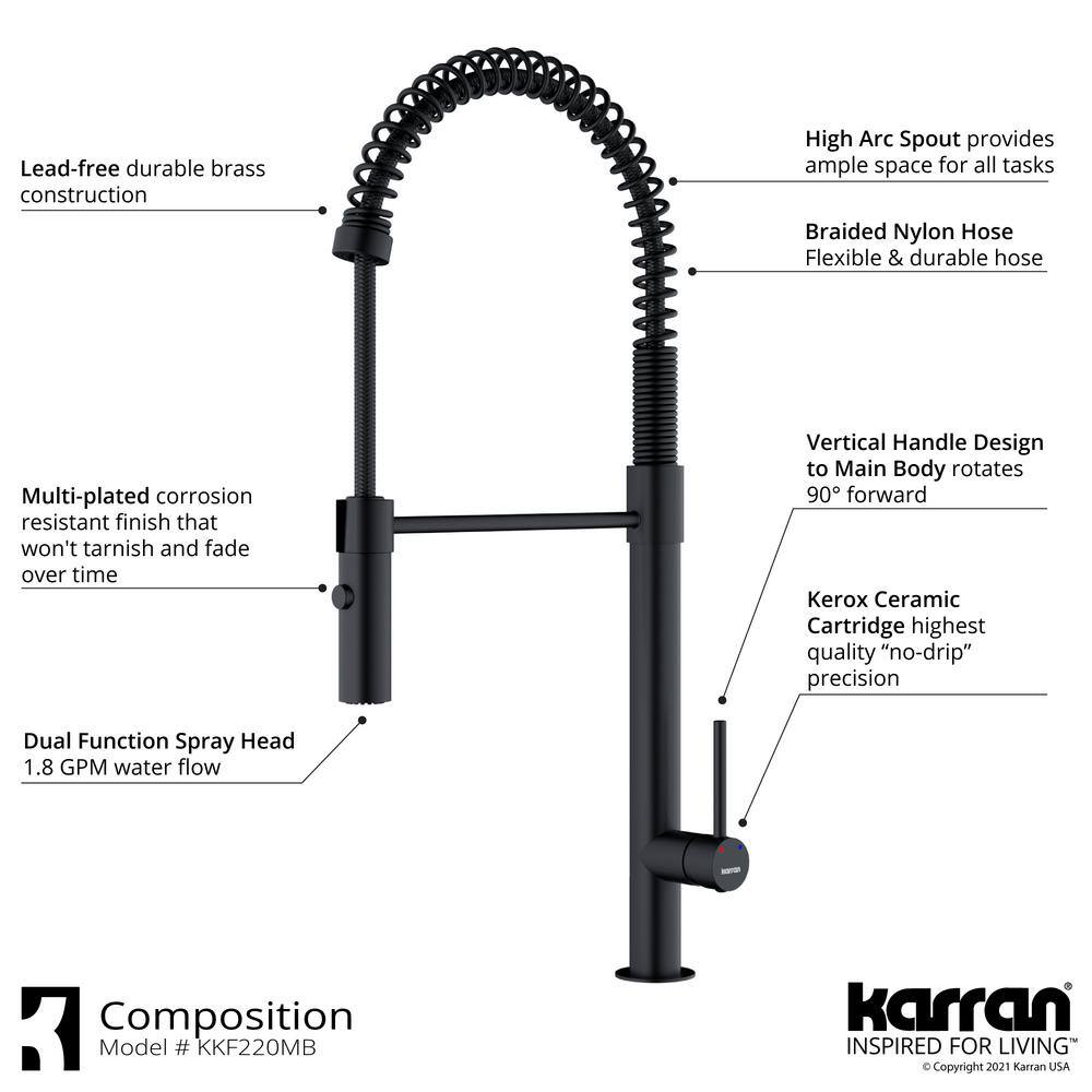 Karran Bluffton Single-Handle Pull-Down Sprayer Kitchen Faucet in Matte Black KKF220MB