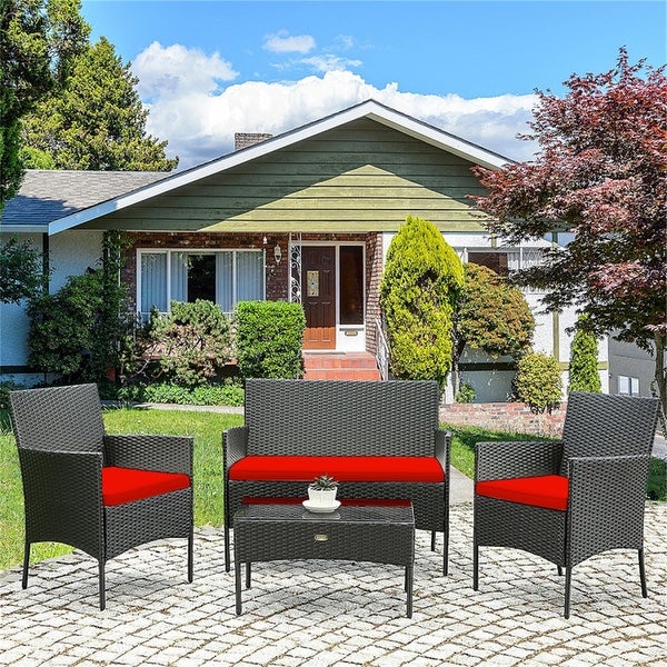 4 Pieces Patio Rattan Cushioned Sofa Set with Tempered Glass Table - Overstock - 37909382