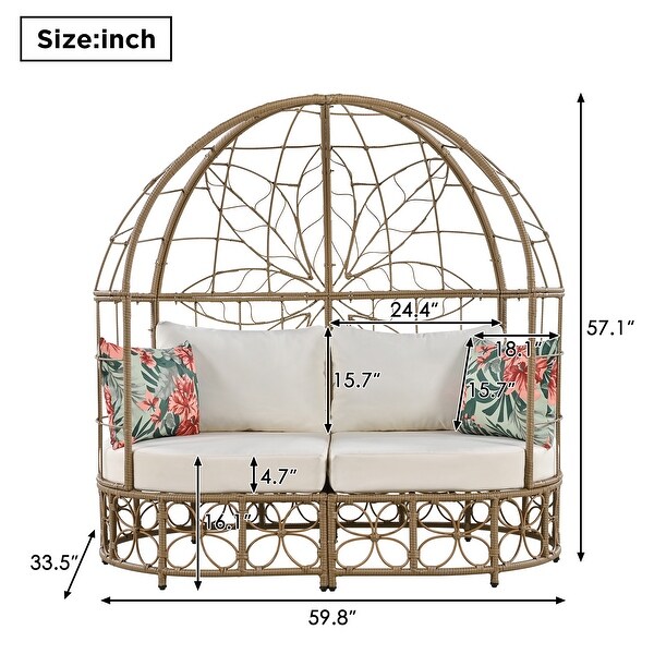 Outdoor Wicker Patio Daybed Sunbed with Curtain and Floral Pattern