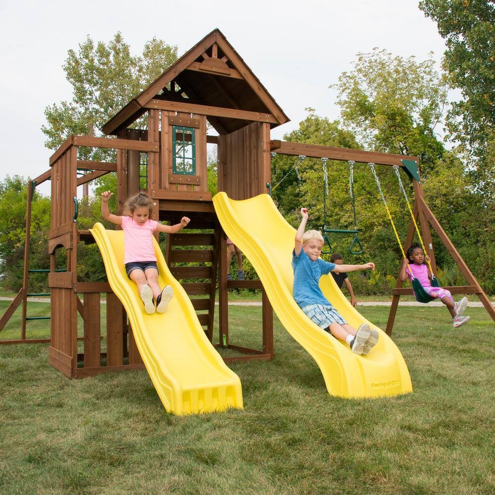 Swing-N-Slide Playsets Timberview Ready-To-Assemble Wooden Outdoor Playset with 2 Slides Monkey Bars Swings and Swing Set Accessories WS 8356