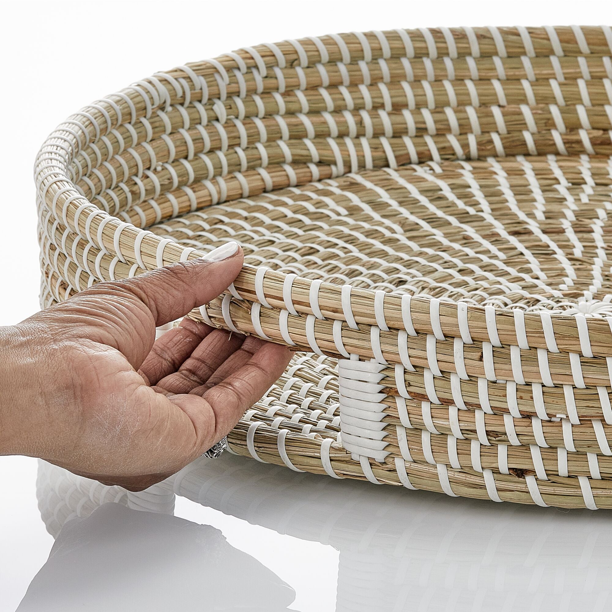 mDesign Seagrass Woven Large Decorative 18 Round Basket Serving Tray w/ Built-In Handles for Kitchen, Coffee Table, Wall Decor, Ottoman; For Storage, Centerpiece Display - Natural/White