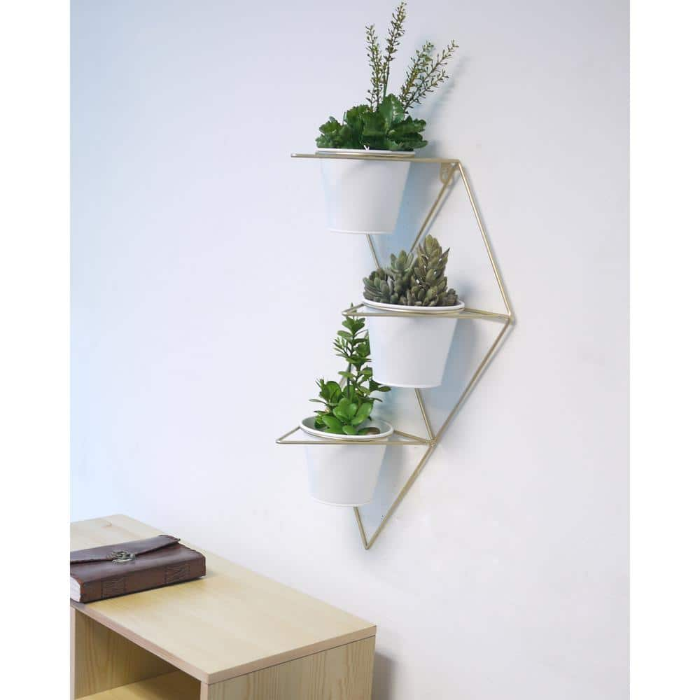 ADMIRED BY NATURE Large， White/Brass Geometric Metal Hanging Planter ABN5E132-GD