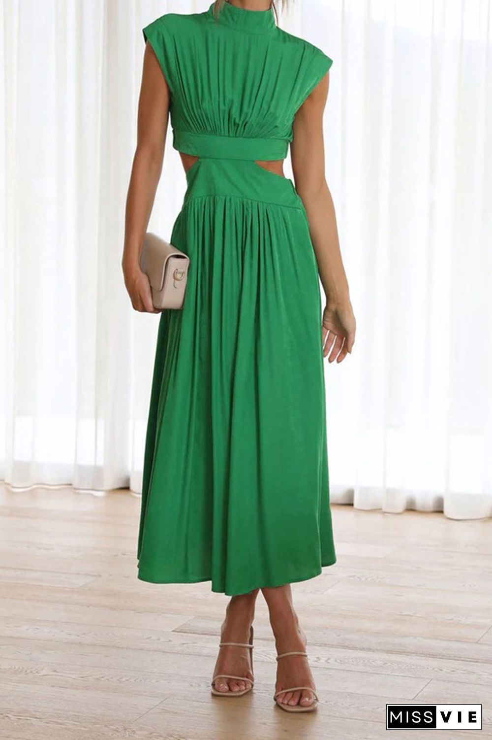 Plain Frilled High Collar Cut Out Waist Maxi Dress