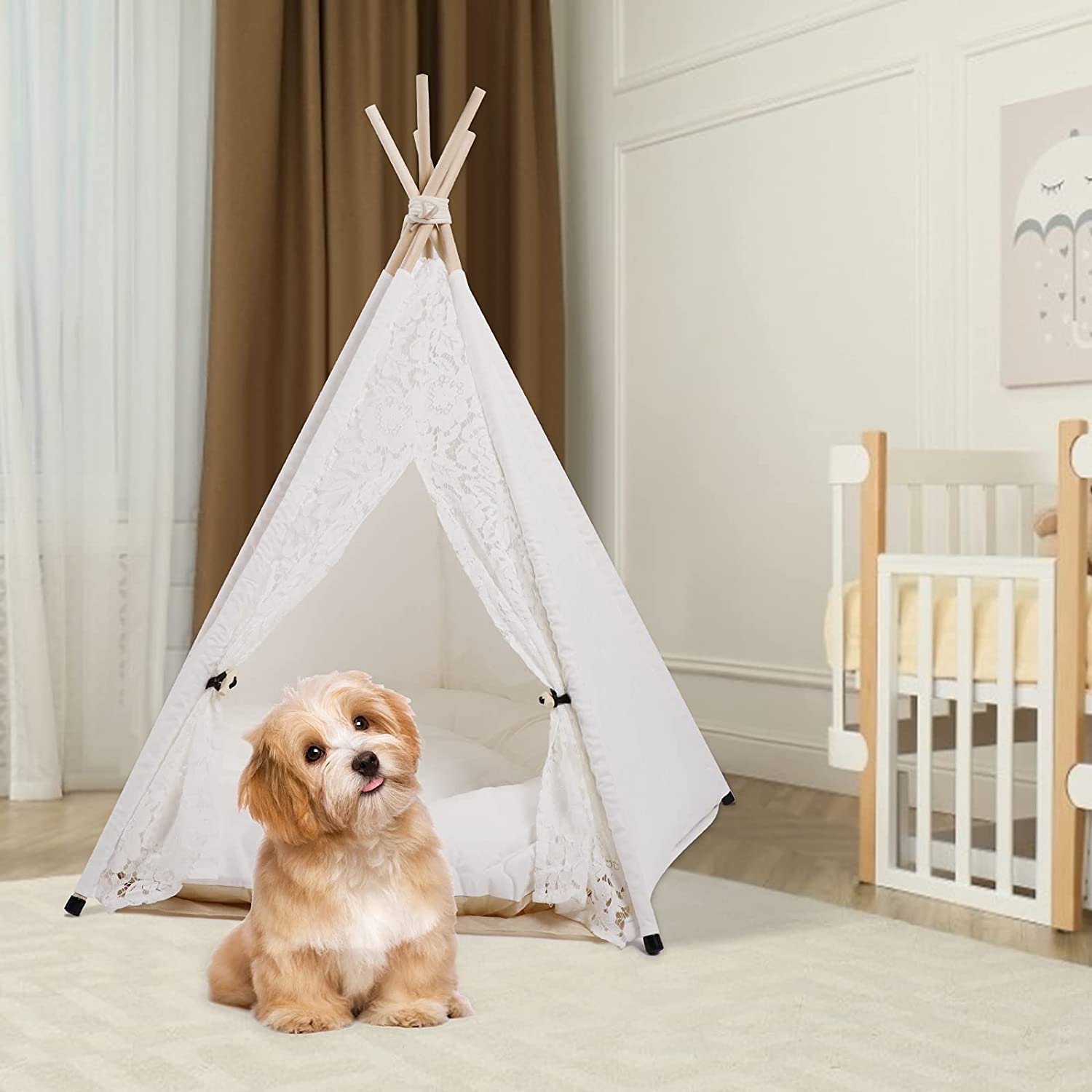 Cat Dog House with Cushion for Medium and Large Pet Outdoor Indoor Washable Foldable Portable Houses Lace Style Pet Teepee Tent m