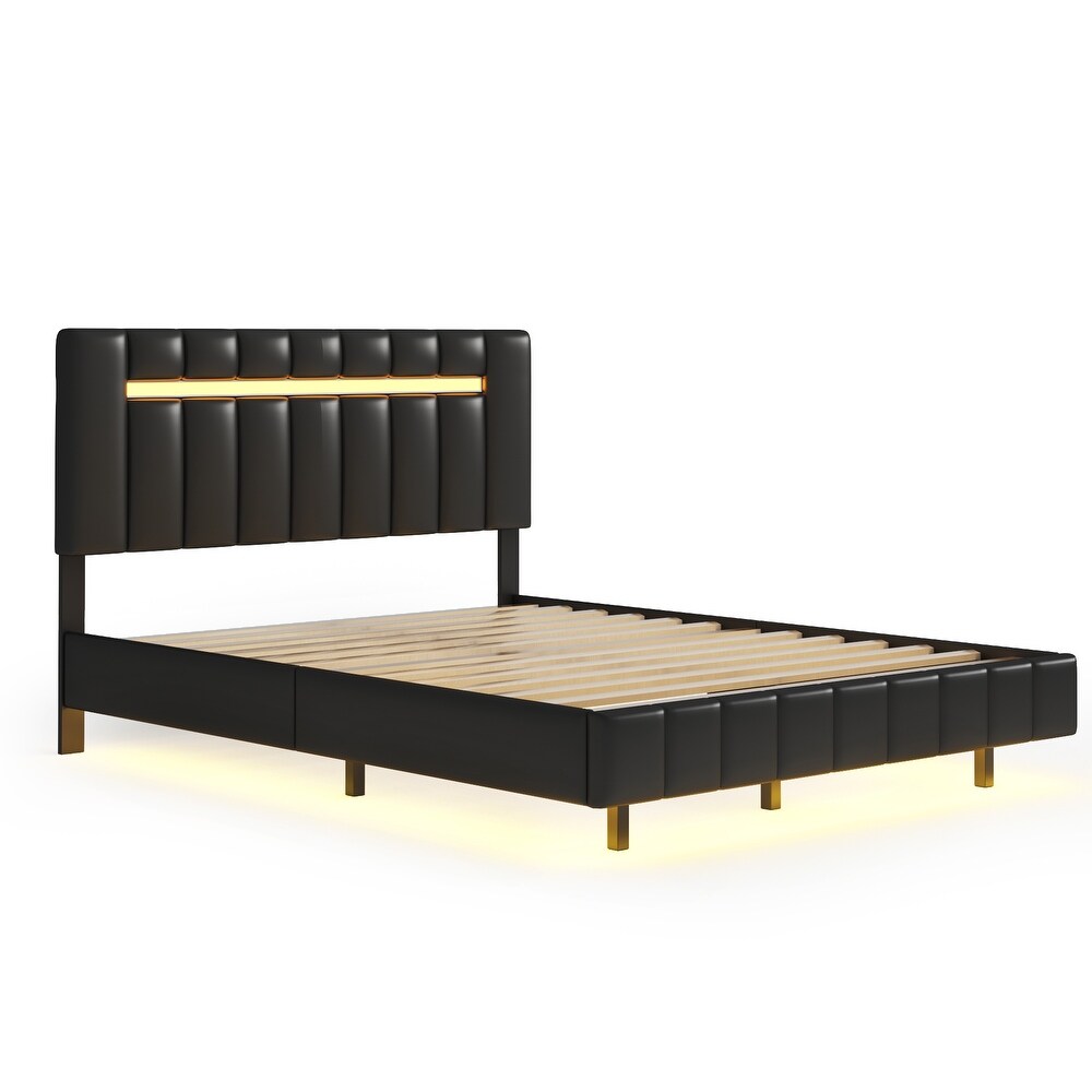 Queen Size PU Leather Upholstered Floating Platform Bed with LED Lights Bed Frame and USB Charging