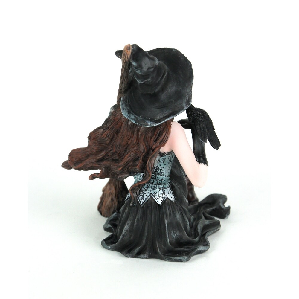 Sitting Witch Holding Broomstick W/Black Raven Figurine Statue   5.5 X 4.25 X 4.25 inches