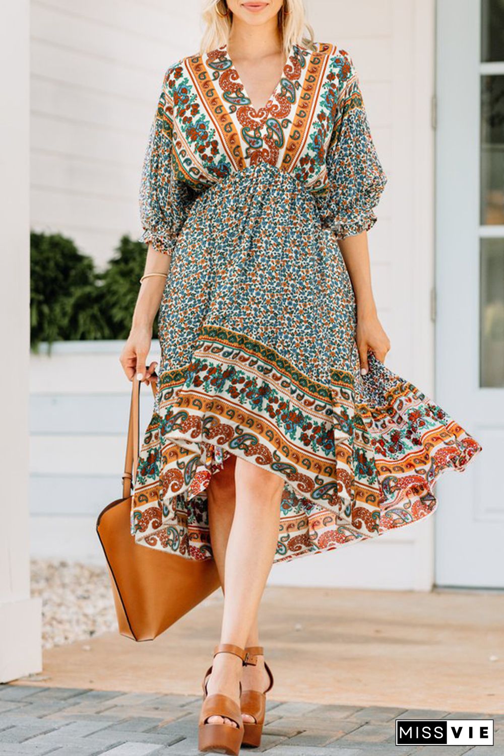 Casual Print Split Joint V Neck Irregular Dress Dresses