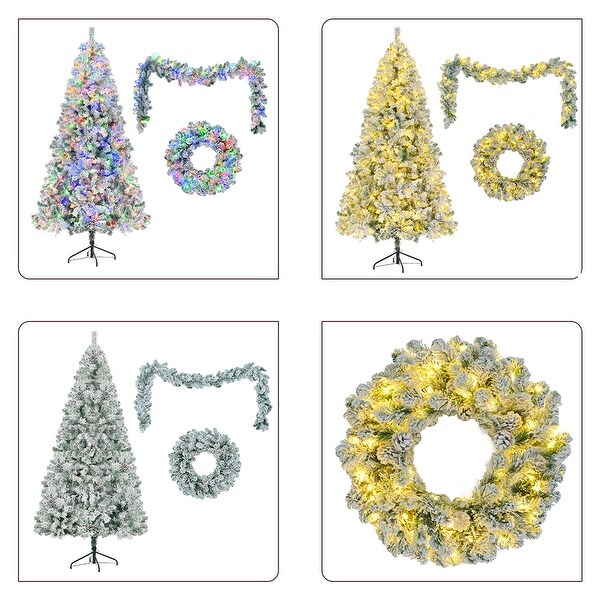 6FT PreLit Flocked Christmas Tree Set，Xmas Tree，Garland and Wreath，Artificial Hinged Xmas Tree with Colorful LED Lights