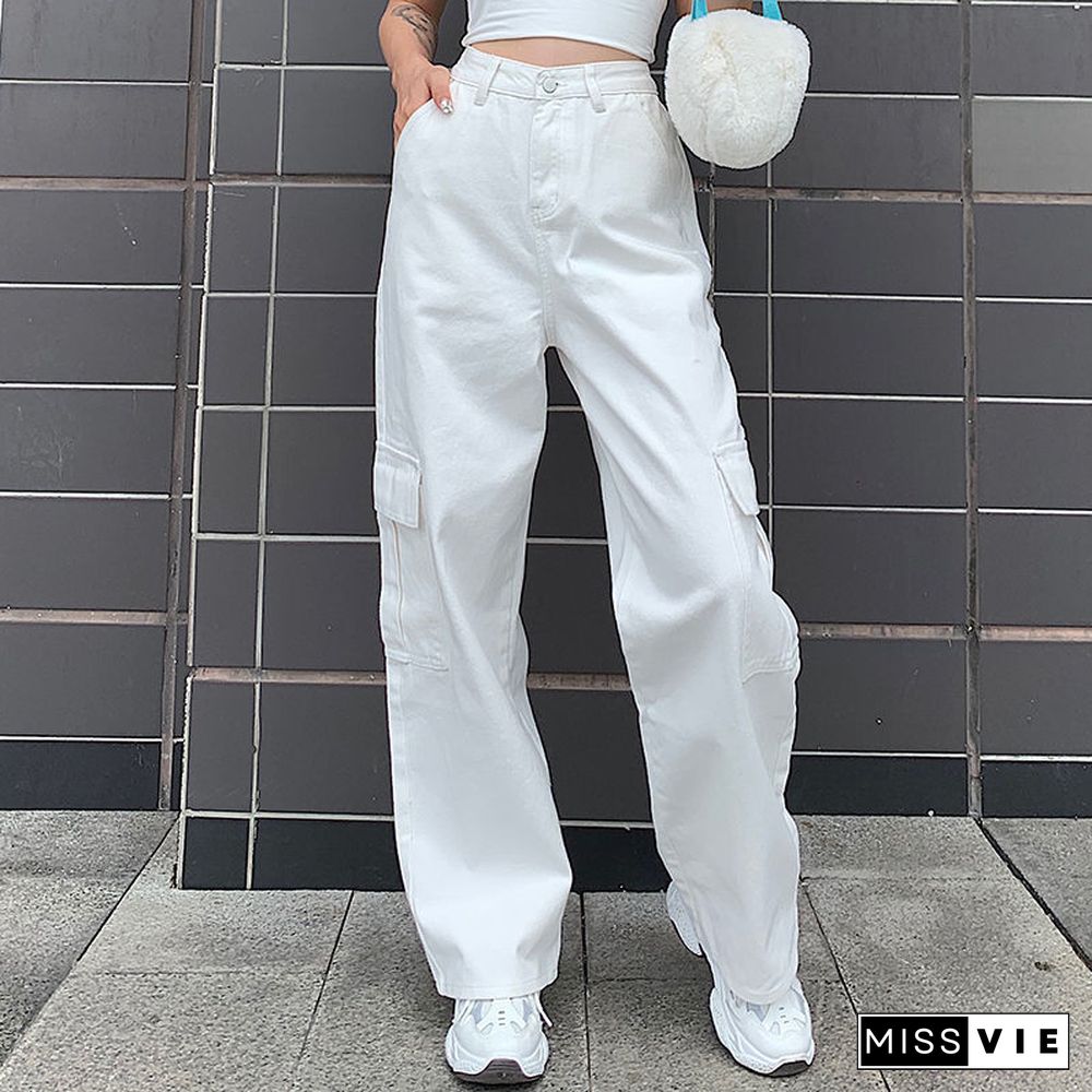 Vintage Loose Jean Cargo Pants Women High Waist Elastic Straight Trousers Casual Korean Pockets Hip Hop Pant Streetwear New