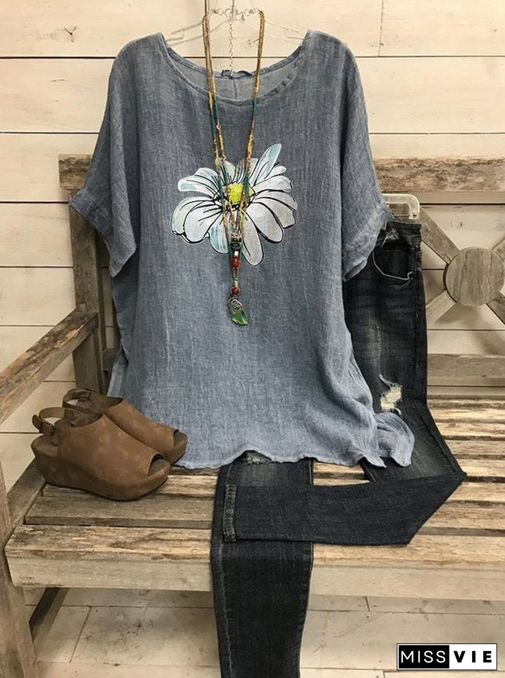 Summer Scoop Neck Casual Loose Daisy Printed T-Shirt