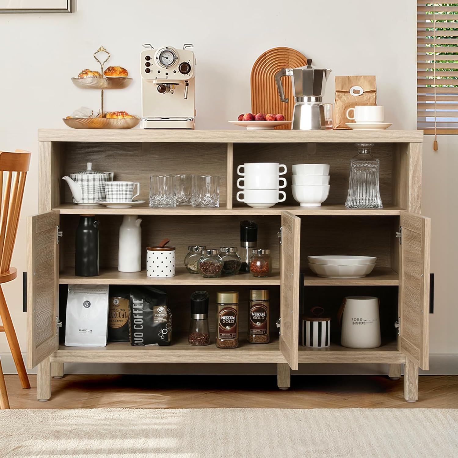 Rattan Buffet Sideboard Kitchen Storage Cabinet with 2 Shelves