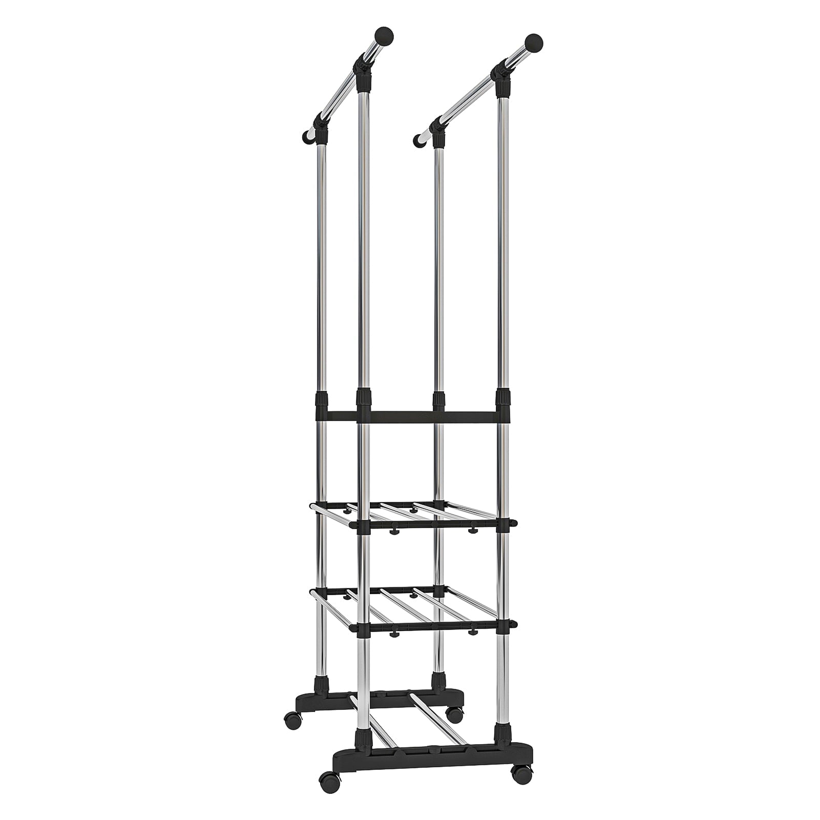 Resenkos Adjustable Garment Rack with 2 Tier Metal Shelf for Shoes Boxes, Rolling Clothes Organizer, High Capacity, Stainless Steel, Heavy Duty