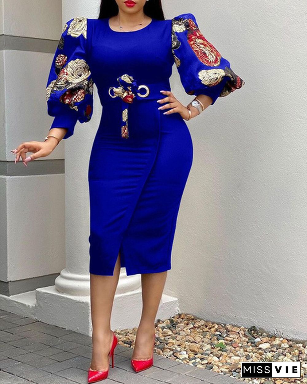 Women Elegant Bodycon Dresses O Neck Three Quater Sleeves High Waist Office Ladies Work Wear Package Hip African Fashion Plus Size