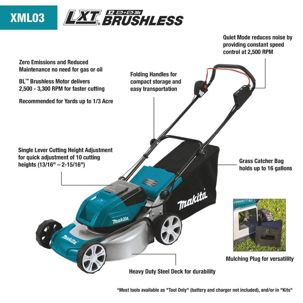 Makita 18 in. 18-Volt X2 (36-Volt) LXT Lithium-Ion Cordless Walk Behind Push Lawn Mower Kit with 4 Batteries (4.0 Ah) XML03CM1