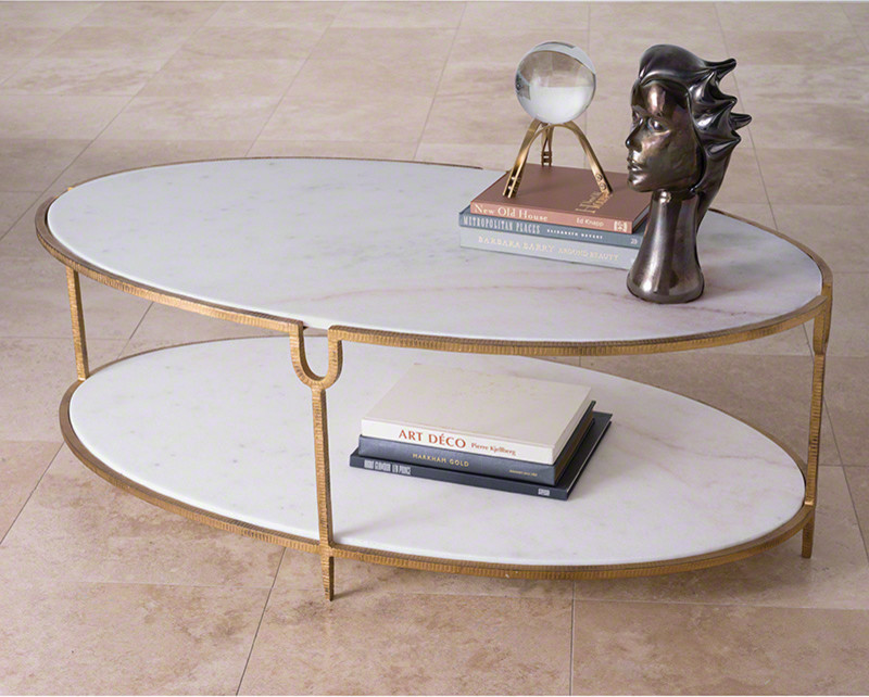 Hammered Gold Iron Marble Classic Oval Coffee Table  Shelves Stone White Luxe   Transitional   Coffee Tables   by My Swanky Home  Houzz