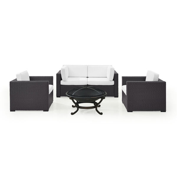 Biscayne 4 Person Outdoor Wicker Seating Set in White - Two Armchairs， Two Corner Chair， Ashland Firepit