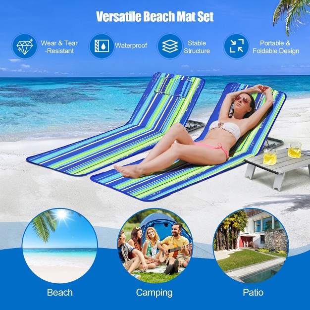 Costway 3 piece Beach Lounge Chair Mat Set 2 Adjustable Lounge Chairs With Table Blue stripe