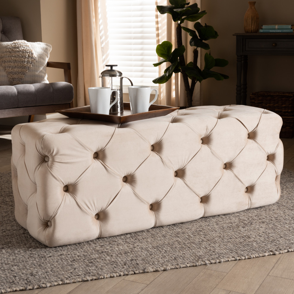 Xila Glam and Luxe Beige Velvet Upholstered Button Tufted Bench Ottoman   Transitional   Footstools And Ottomans   by Baxton Studio  Houzz