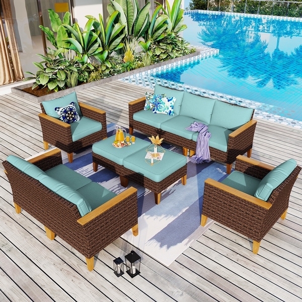 9Piece Outdoor Wicker Sectional Sofa Patio Furniture Luxury Conversation Set，Beige Cushion