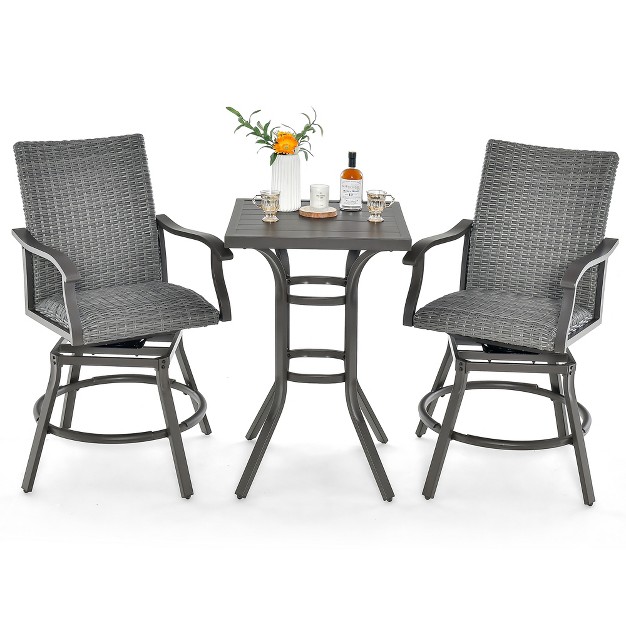 Costway 3pcs Patio Rattan Bar Table Stools Set Aluminum 360 Swivel Chairs With Padded Seat