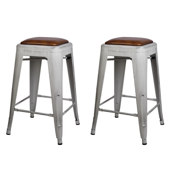 24 inch backless Metal Stool with Leather Cushion seat-Set of 2