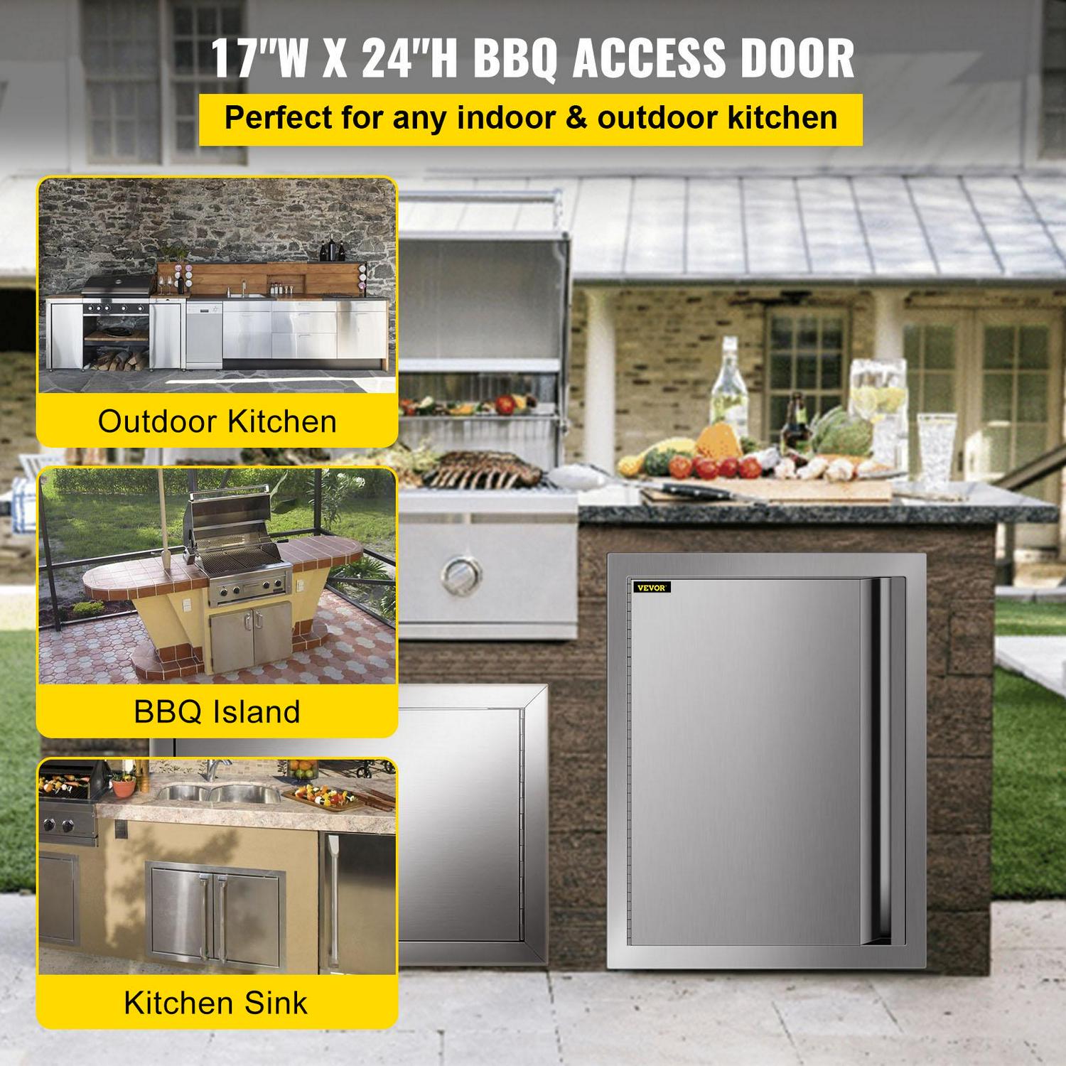 VEVOR BBQ Access Door 17W x 24H inch， Vertical Single BBQ Door Stainless Steel with Recessed Handle， Outdoor Kitchen Doors for BBQ Island， Grill Station， Outside Cabinet