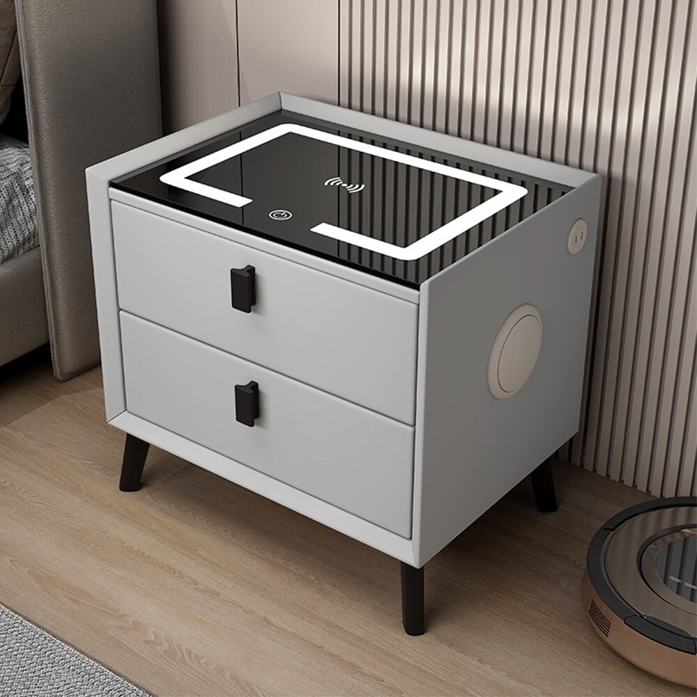 Solid Wood Smart Nightstands with Wireless Charging Station  USB Port  3 Color LED Lights and Speaker