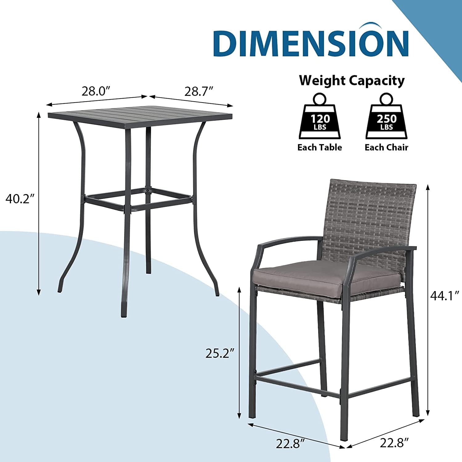 Patio Bar Set， 3 Piece Outdoor Wicker Bistro Set， All-weather Rattan Height Bar Stools with Cushions， Wood Top Bar Height Table Bistro Bar Set for 2 people， for Backyard， Patio， Pool， Garden