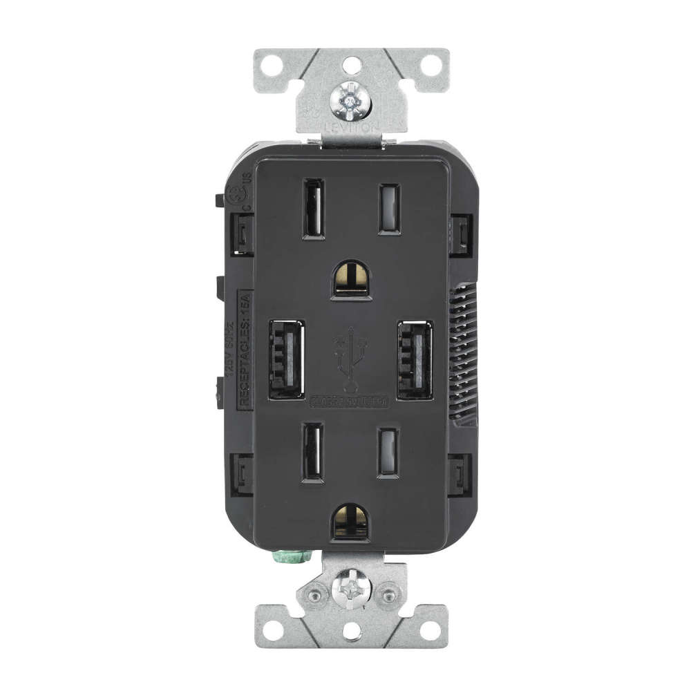 Leviton Decora 15A 125V Black NEMA 5-15R Outlet and USB Charger