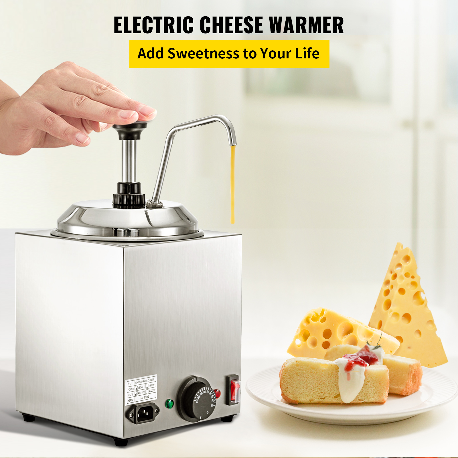 VEVORbrand Cheese Dispenser with Pump， 2.6Qt Capacity Hot Fudge Warmer with Pump， 650W Cheese Warmer， Stainless Steel Cheese Dispenser with Pump for Hot Fudge Cheese Caramel