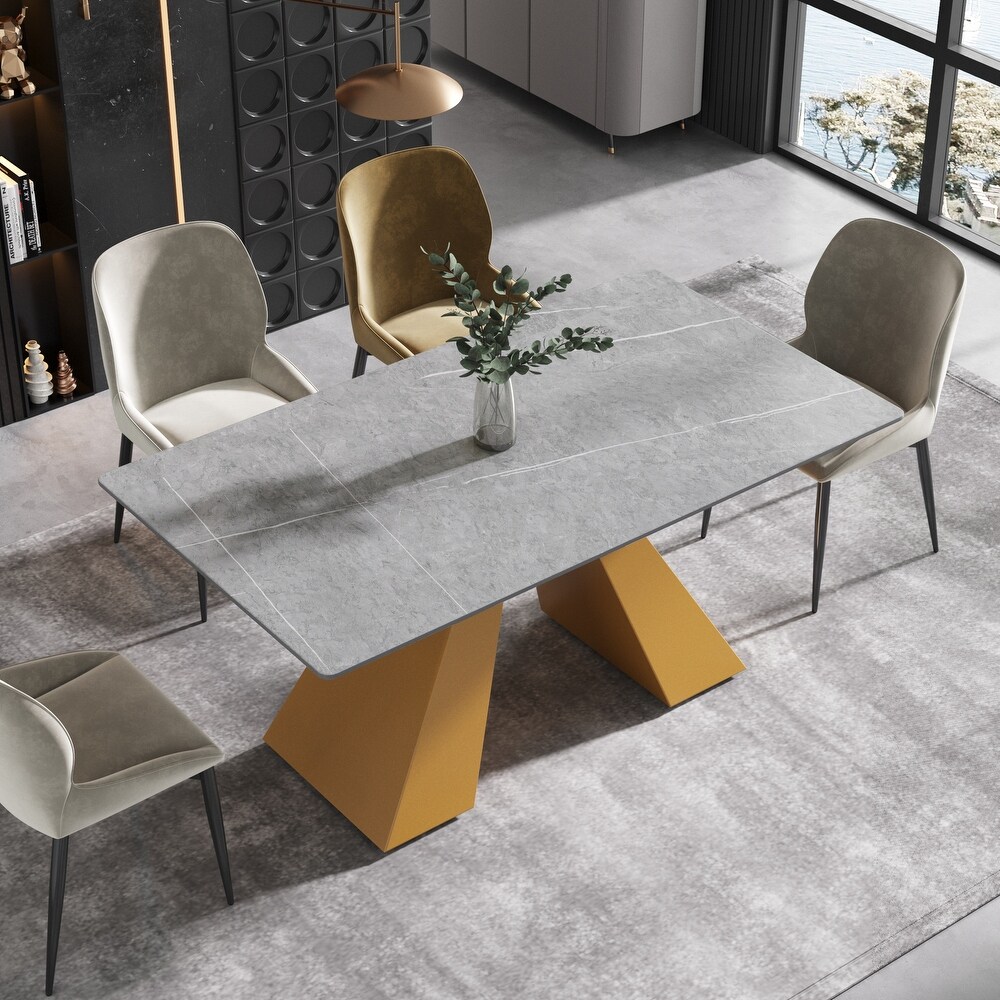 63''Modern Grey Dining Table with Rectangular Sintered Stone Tabletop  Black Carbon Steel Legs   N/A